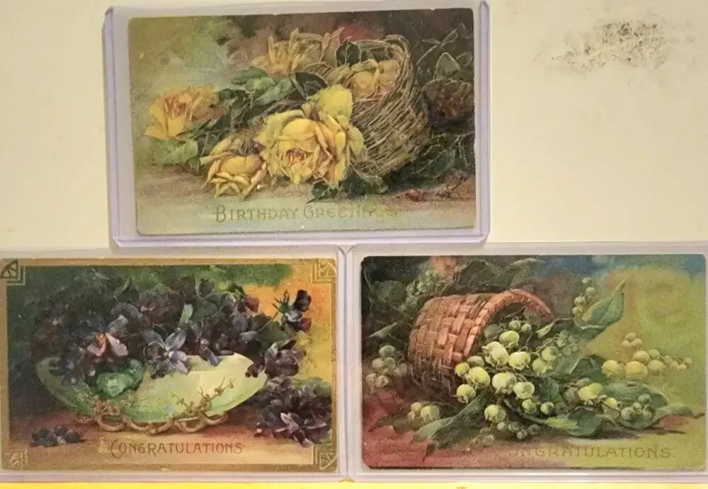 Lot Of Three Vintage Antique Embossed Postcards Flowers Birthday Congratulations